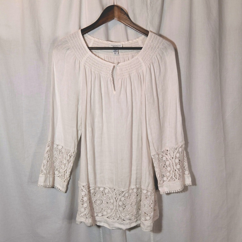 Charter Club Weekend Blouse Womens Large White Excellent Linen Lace Boho Smocked